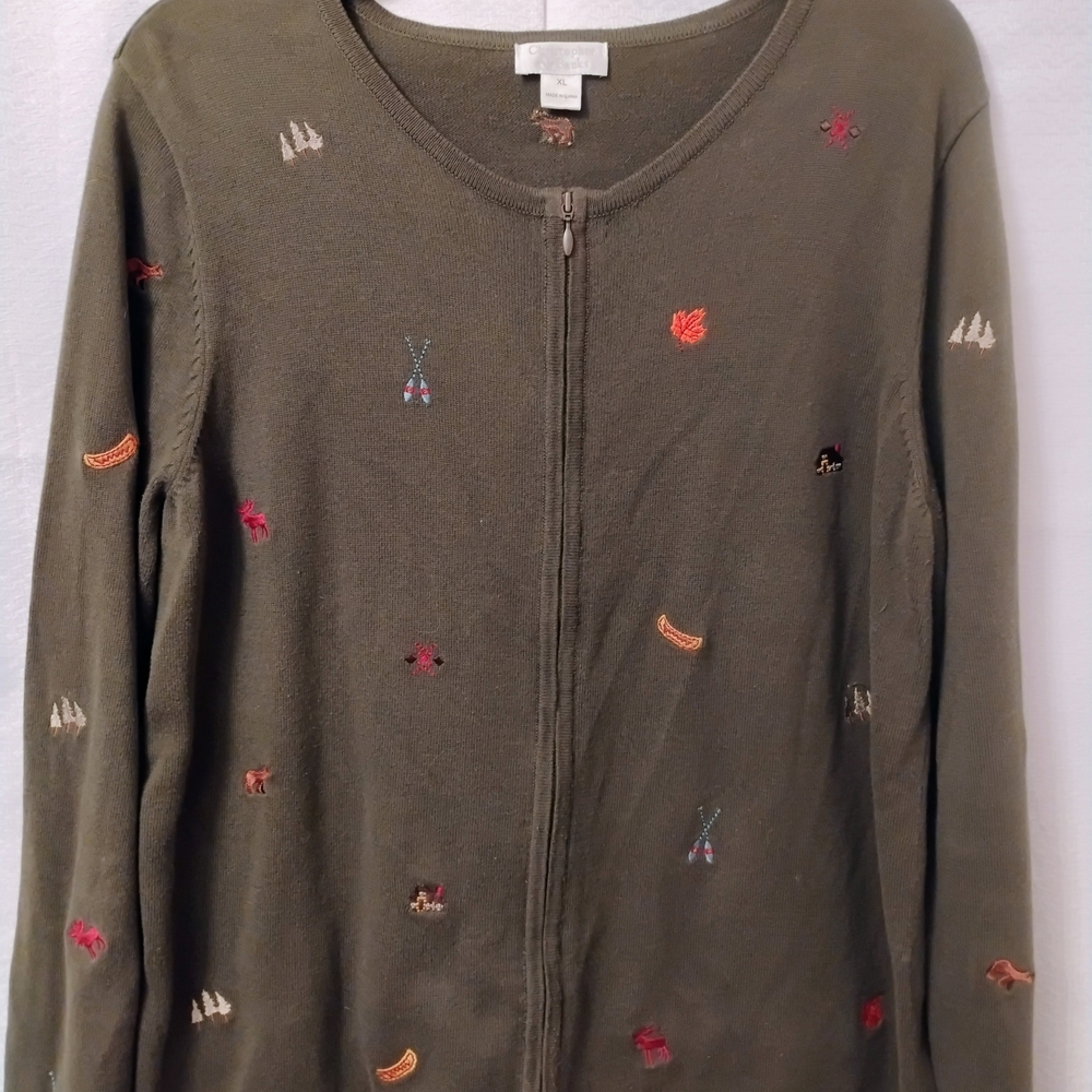 Christopher & Banks Olive Cardigan with Camp Themed Embroidery